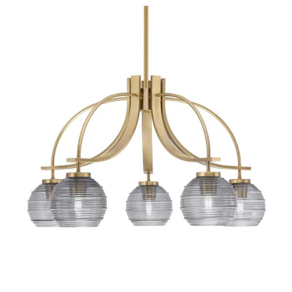 Unbranded Olympia 15.5 in. 5-Light Brass Downlight Chandelier Smoke Ribbed Glass Shade
