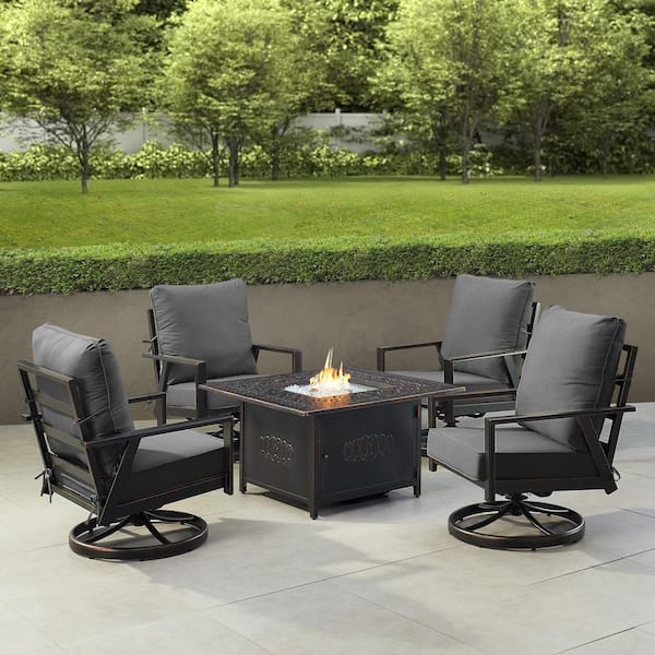 Oakland Living Black 6-Piece Aluminum Patio Fire Pit with 4-Club Chairs Black Cushions