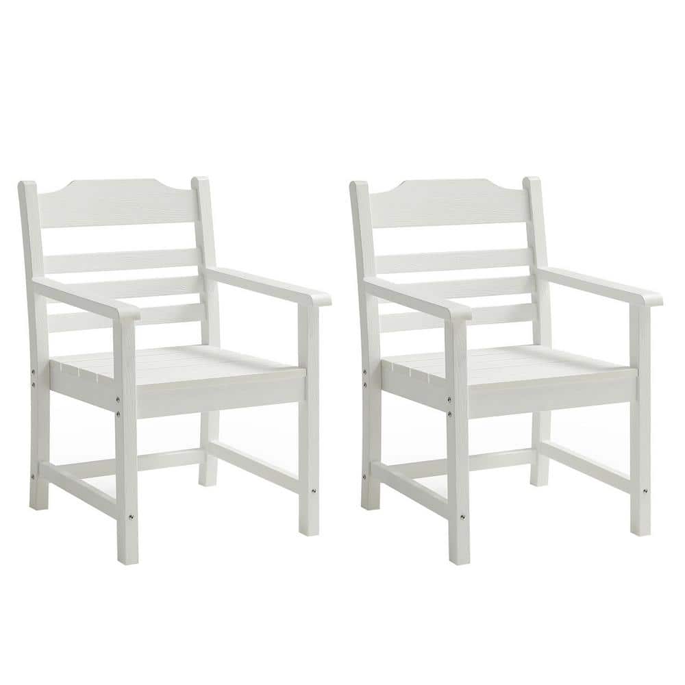 Patio Dining Chair with Armset Set of 2, Pure White with Imitation Wood Gra