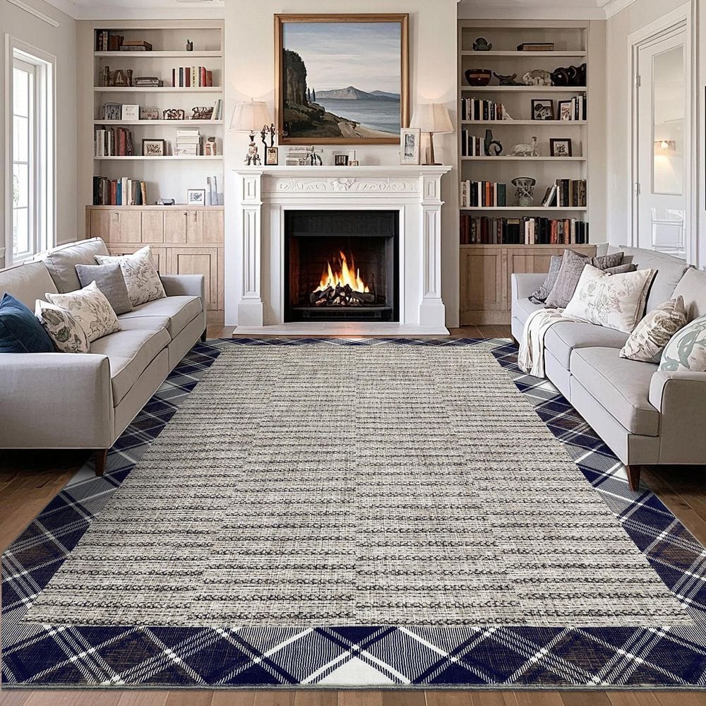 Light Brown 9 ft. x 12 ft. Non-Slip Border Print Rug Machine Washable ...