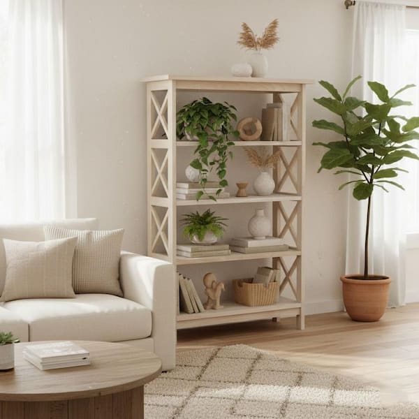 International Concepts 48 in. Tall Unfinished Solid Wood 4-shelf Etagere Bookcase