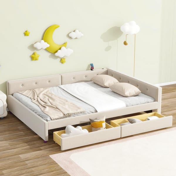 Harper & Bright Designs Beige Wood Frame Queen Size Linen Upholstered Platform Bed with USB Ports and 2 Storage Drawers