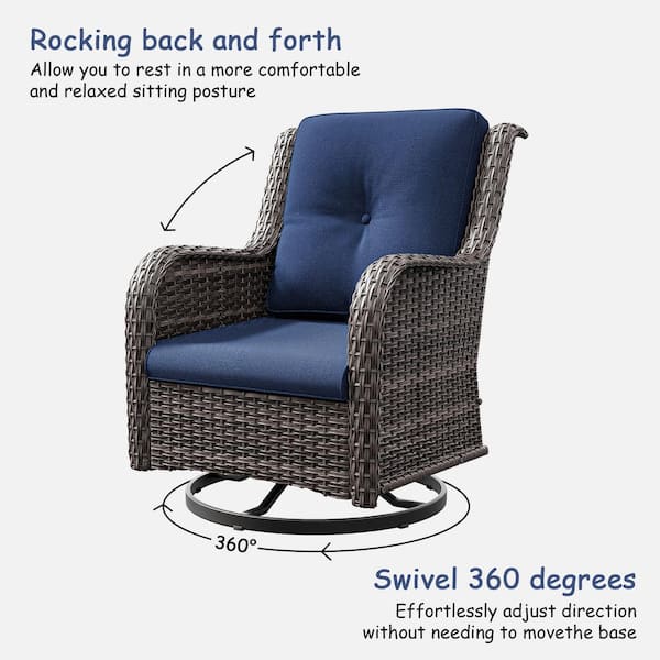 JOYSIDE - 3-Piece Wicker Swivel Outdoor Rocking Chairs Patio Conversation Set with Blue Cushions