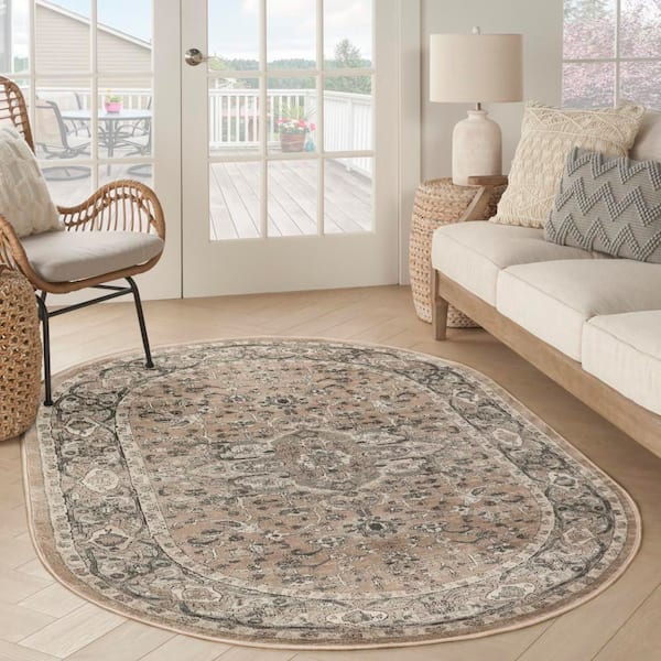 Concerto Beige Grey 6 ft. x 9 ft. Center medallion Traditional Oval Area Rug