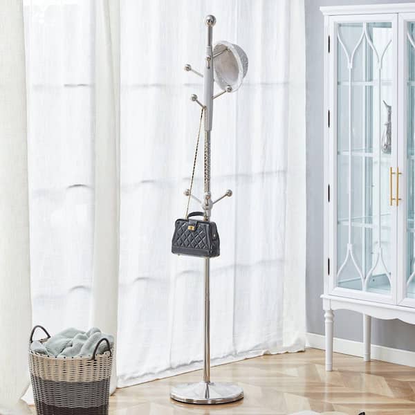 Silver Coat Rack with Stainless Steel Spray Painted Hanger and Solid Wood Reinforcement at the Bracket
