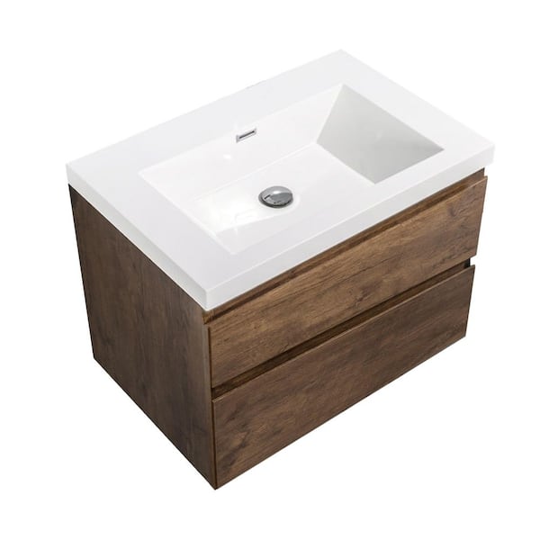 24 in. W x 19 in. D x 20 in. H Wall-Mounted Bath Vanity in Rose Wood with White Glossy Resin Top