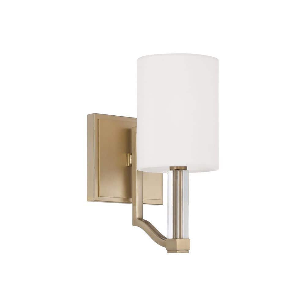 Ingrid 5 in. 1-Light Matte Brass Wallchiere Sconce with Clear Acrylic Accents and Cylindrical White Fabric Shades price history on PriceWatchPro