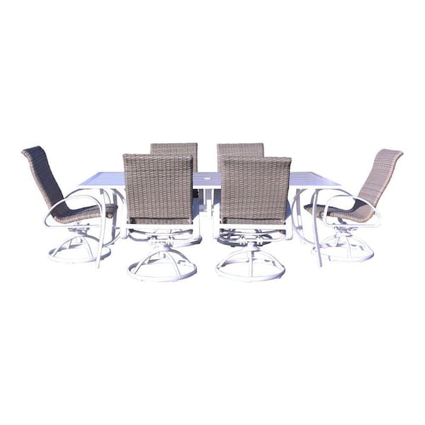 Courtyard Casual Santa Fe 7-Piece Aluminum Outdoor Dining Set in White with 84 in. Rectangle Table and 6 Wicker Swivel Rockers
