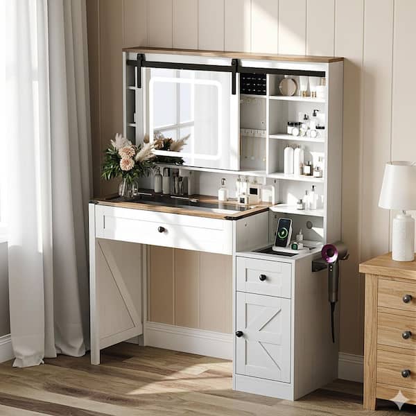 1-piece White+Brown Particle Board Makeup Vanity Table with LED 3-color Dimmable Touch Square Mirror 2-Drawer 1-Door