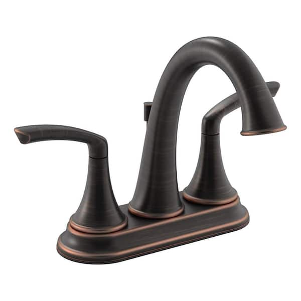 Symmons Elm 4 in. Centerset 2-Handle Mid Arc Bathroom Faucet with Drain Assembly in Seasoned Bronze