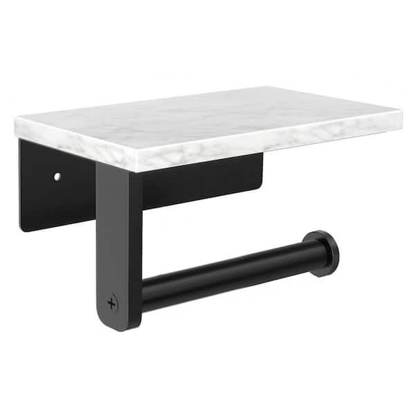Wall Mounted Toilet Paper Holder in Matte Black with Natural Marble Shelf and Stainless Steel Screws for Bathroom