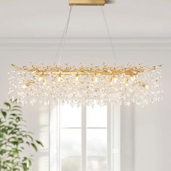 47.2 in. Modern 14-Lights Gold Luxury Crystal Linear Chandelier for Dining Room