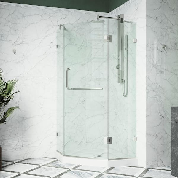 VIGO Piedmont 38 in. L x 38 in. W x 77 in. H Frameless Pivot Neo-angle Shower Enclosure in Brushed Nickel with Clear Glass