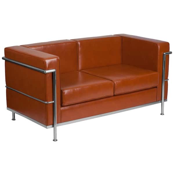 Flash Furniture 57 in. Cognac Faux Leather 2-Seater Loveseat with Stainless Steel Frame