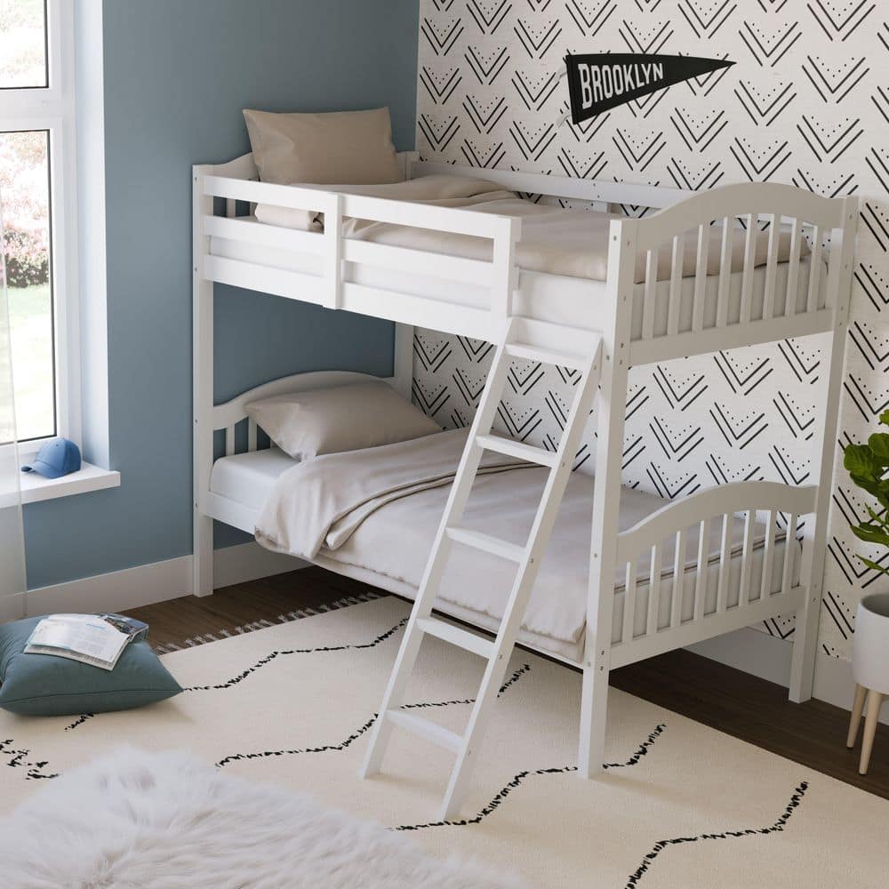 White Twin Mission Wood Bunk Bed with Headboard and Slats