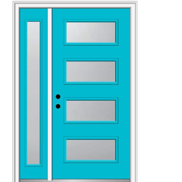MMI Door 53 in. x 81.75 in. Celeste Frosted Right-Hand 4-Lite Eclectic Painted Fiberglass Smooth Prehung Front Door with Sidelite