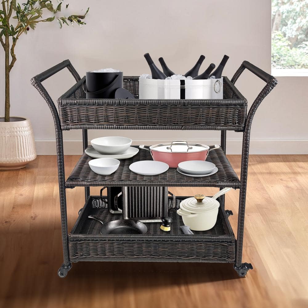Patio Wicker Bar Outdoor Shelf with 4-Wheels,UV resistant