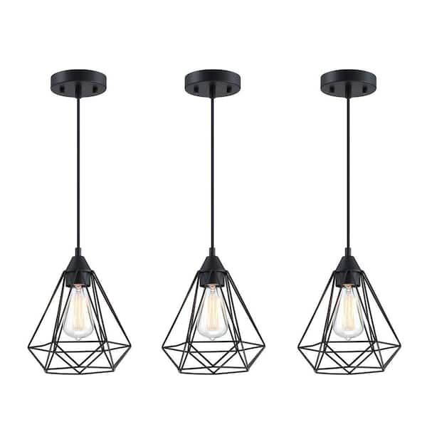 1-Light Black Finish Mini Polygon Chandelier with Steel Cage and with no bulbs Included (3-Pack)