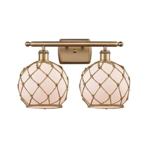 Farmhouse Rope 16 in. 2-Light Brushed Brass Vanity-Light with White Glass with Brown Rope Glass and Rope Shade