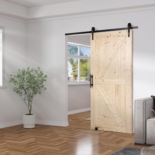 Barn Door and Hardware Kit, 36 in. x 84 in. Decorative Glass, Wood Sliding Barn Door with Hardware Kit, Smoothly Black