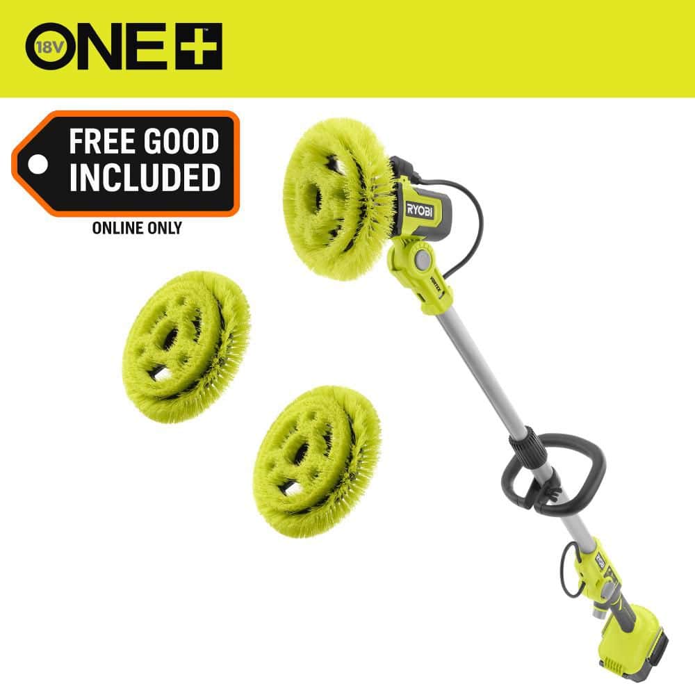 RYOBI ONE+ 18V Cordless Soap Dispensing Scrubber (Tool Only) with (2) 9 in. VORTEX Medium Bristle Brushes (1701B-A95MRB9x2)