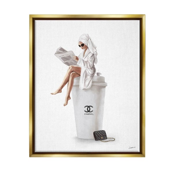 The Stupell Home Decor Collection Chic Fashion Coffee and Purse Female Robe Pose by Ziwei Li Floater Frame Food Wall Art Print 17 in. x 21 in. .