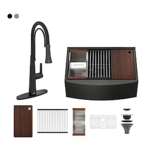 Stainless Steel Sink 30 in. Single Bowl Farmhouse Apron Workstation Kitchen Sink with Matte Black Faucet and Accessories