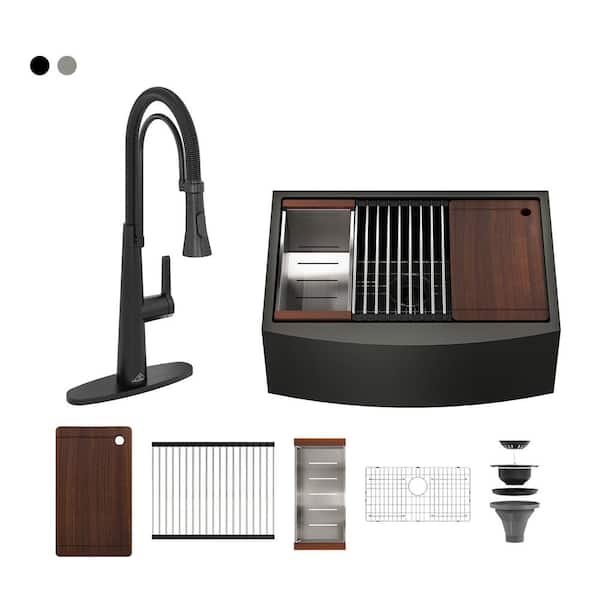 CASAINC Stainless Steel Sink 30 in. Single Bowl Farmhouse Apron Workstation Kitchen Sink with Matte Black Faucet and Accessories
