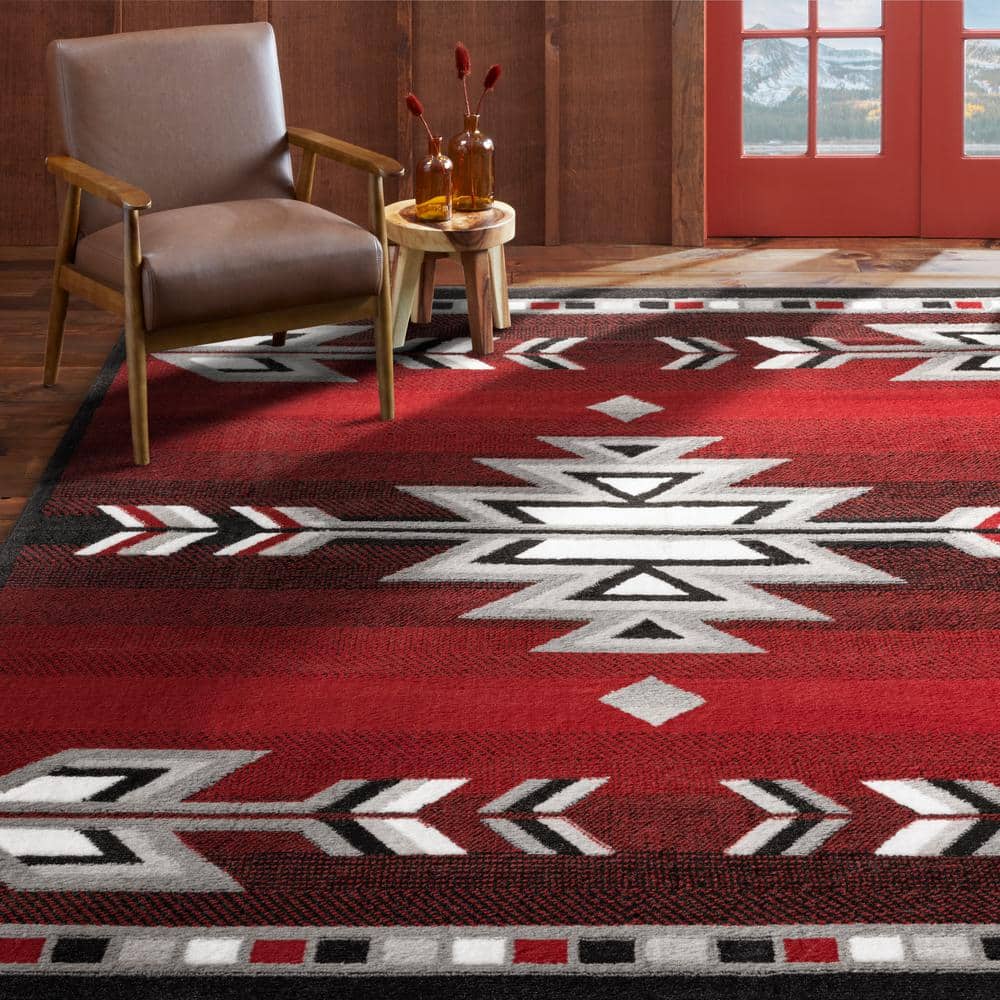 Southwestern Geometric Red and Gray Synthetic Area Rug, 7'8" x 10'7"