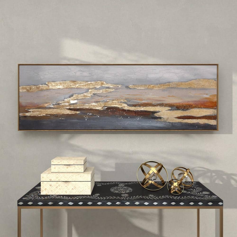 59" x 20" Gold and Beige Abstract Acrylic Landscape Painting on Canvas