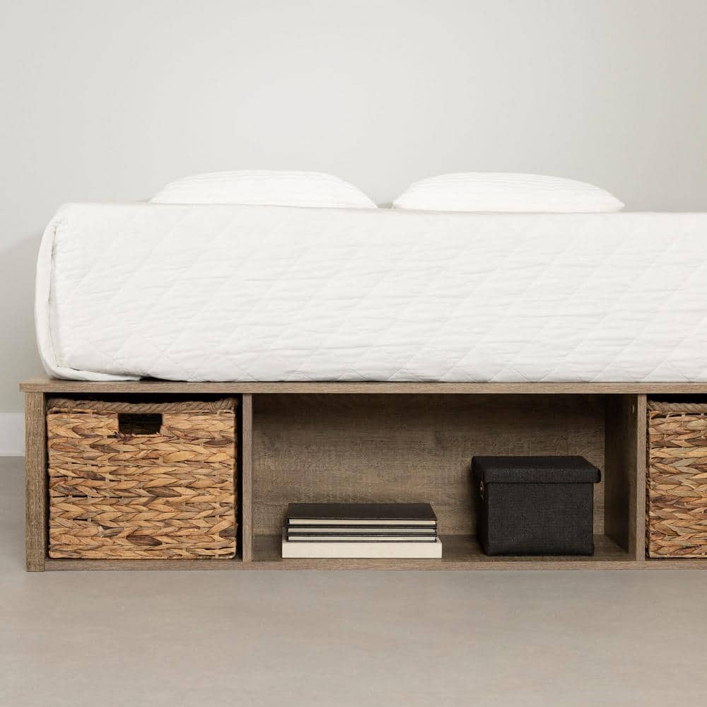 Gray Maple Queen Storage Bed with Wicker Baskets