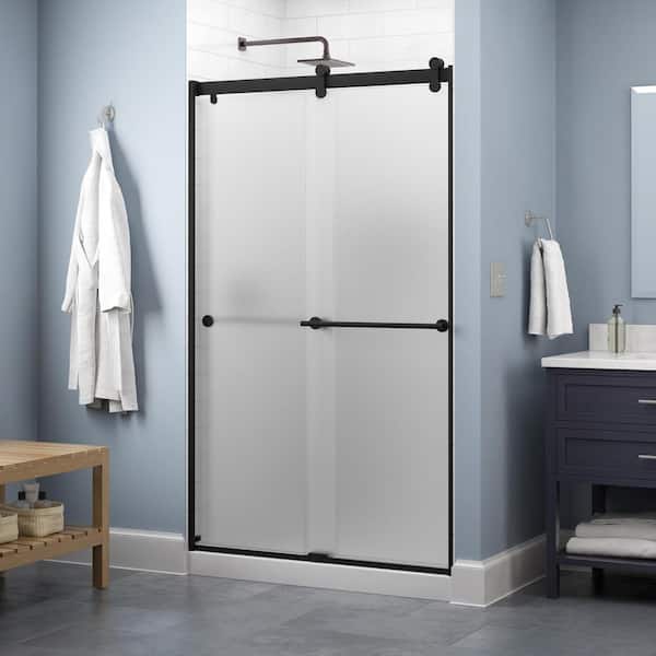 Delta Everly Contemporary 43-3/8 to 47-3/8 in.3/8 in. W x 71 in. H Frameless Sliding Shower Door, Matte Black, Frosted Glass