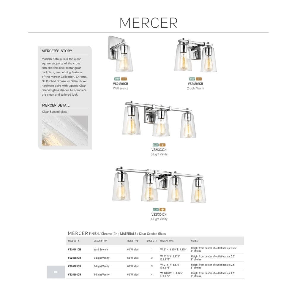 Mercer Chrome 4-Light Vanity with Clear Seeded Glass Shades