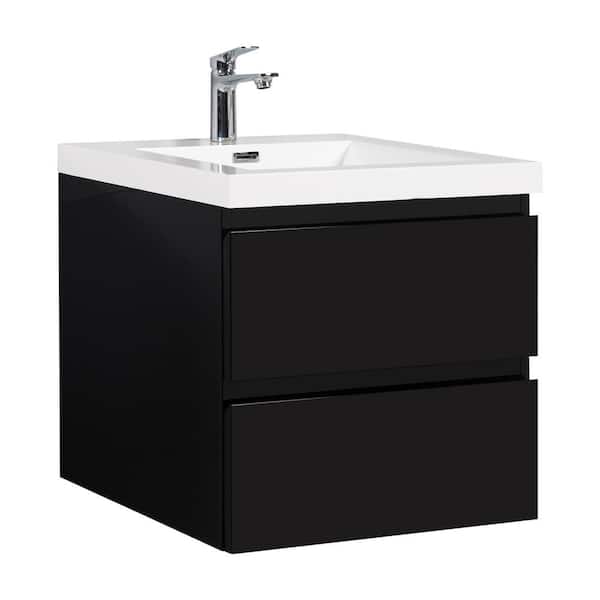 Boosicavelly 24 in. W x 20 in. D x 22 in. H Wall-Mounted Bath Vanity in Black with Glossy White Resin Top
