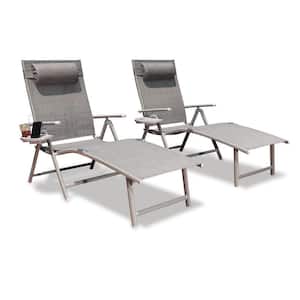 Adjustable Reclining Folded Metal Patio Outdoor Lounge Chair in Gray without Cushion (Set of 2)