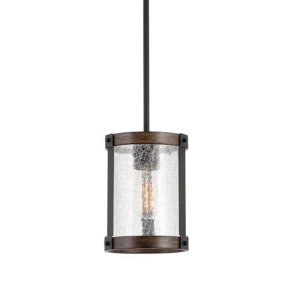 Kira Home Hadley 60-Watt 1-Light Textured Black Modern Pendant Light with Clear Crackled Shade, No Bulb Included