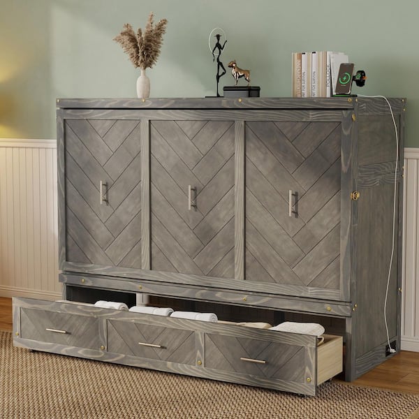 Gray Pine Wood Frame Queen Murphy Bed with USB Charging, Fold-Down Cabinet Bed with Geometric Panel & Storage Drawer
