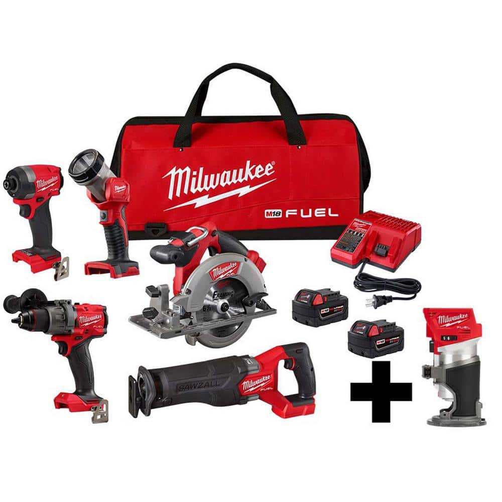 M18 FUEL 18-Volt Lithium-Ion Brushless Cordless Combo Kit (5-Tool) with M18 FUEL Compact Router -  Milwaukee