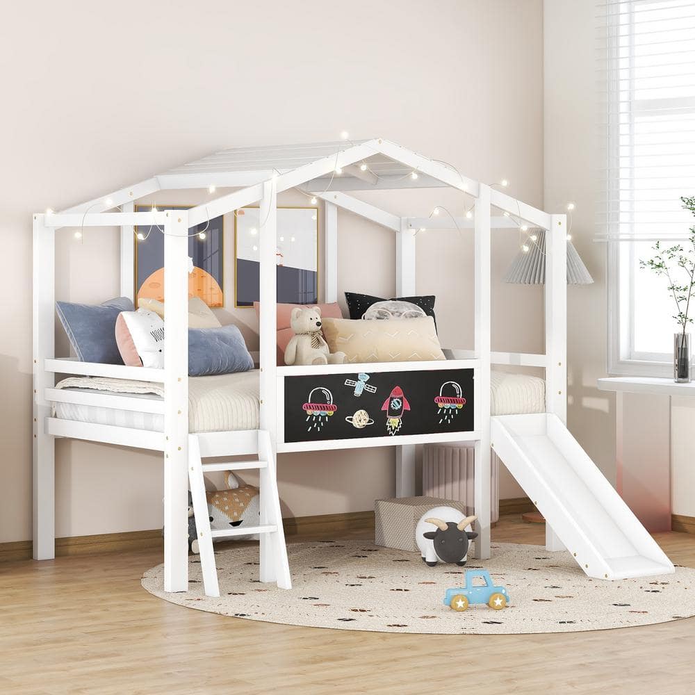 Harper & Bright Designs White Wood Frame Twin Size House Loft Bed with ...