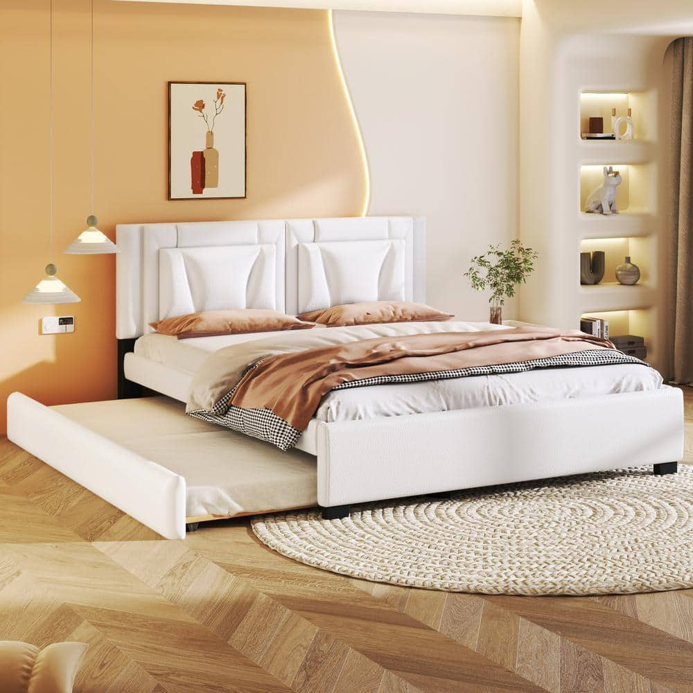 Qualler White Wooden Frame Queen Size Platform Bed with Twin Size ...