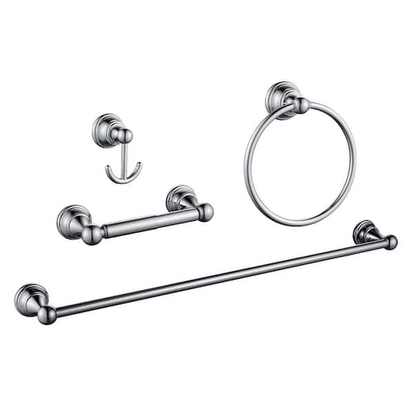 4-Piece Bath Hardware Set with Towel Bar, Towel Ring, Robe Hook, Toilet Paper Holder Wall Mounted in Polished Chrome