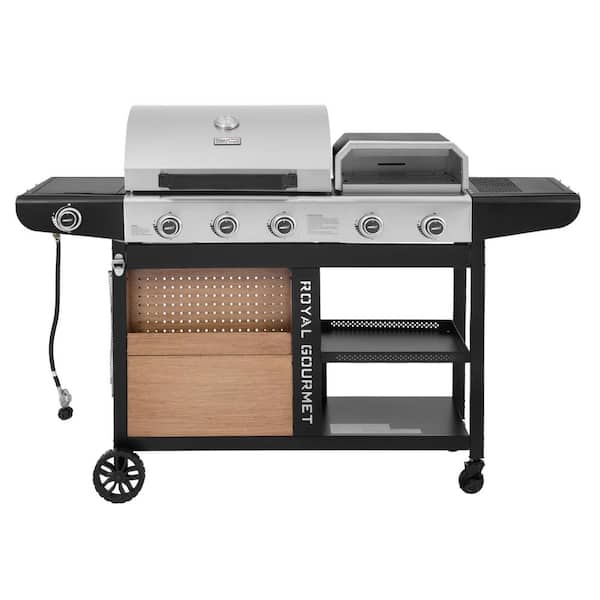 Premium Propane Gas Grill and Pizza Oven Combo with Side Burner, Silver & Black
