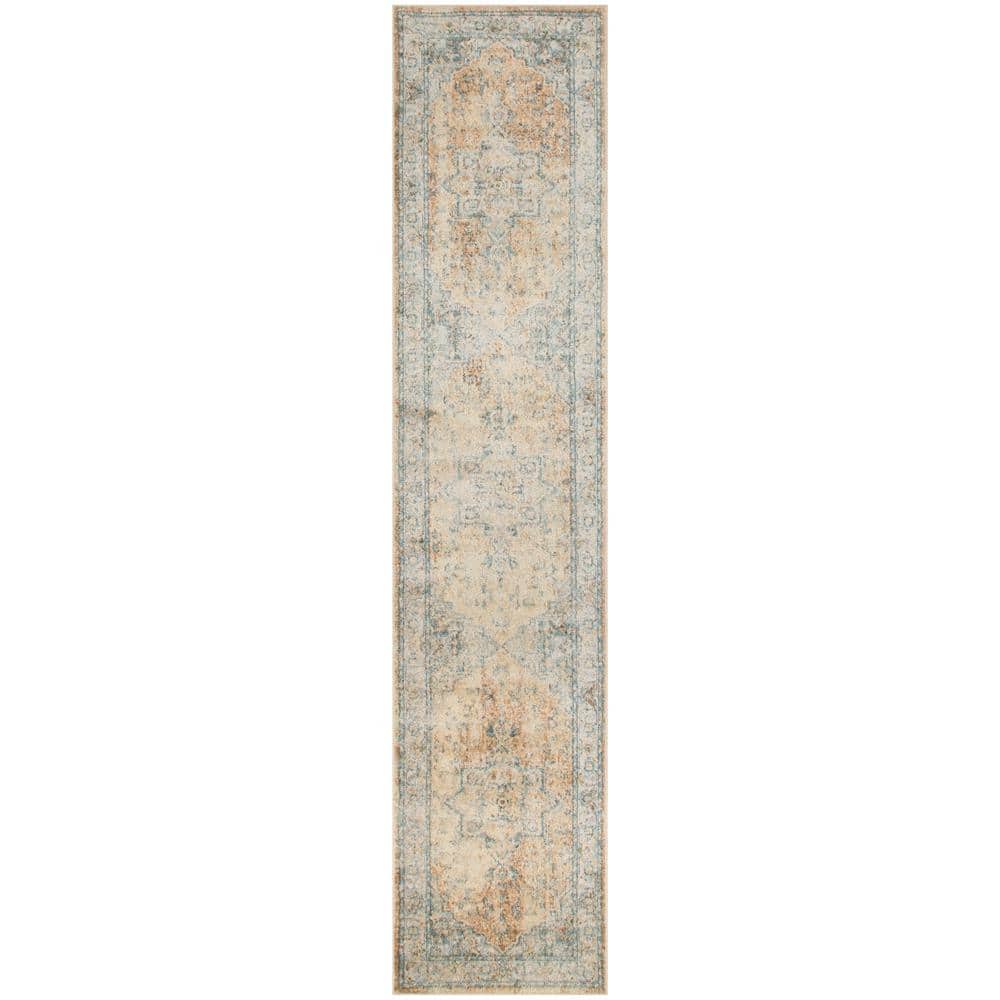 Beige Blue Synthetic Medallion Runner Rug 2'2" x 10'