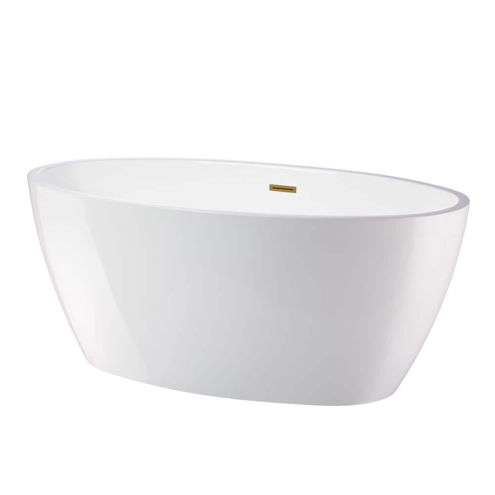 59" White Acrylic Freestanding Soaking Bathtub with Gold Accents