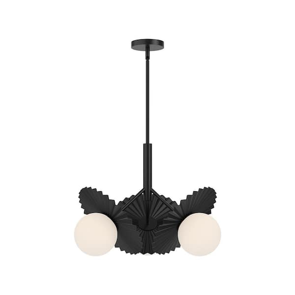Plume 21 in. 3 Light 60-Watt Matte Black/Opal Glass Chandelier