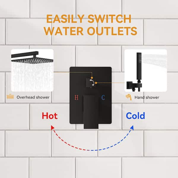 BWE - Rainfall 2-Handle 2-Spray 12 in. Square High Pressure Shower Faucet in Matte Black (Valve Included)