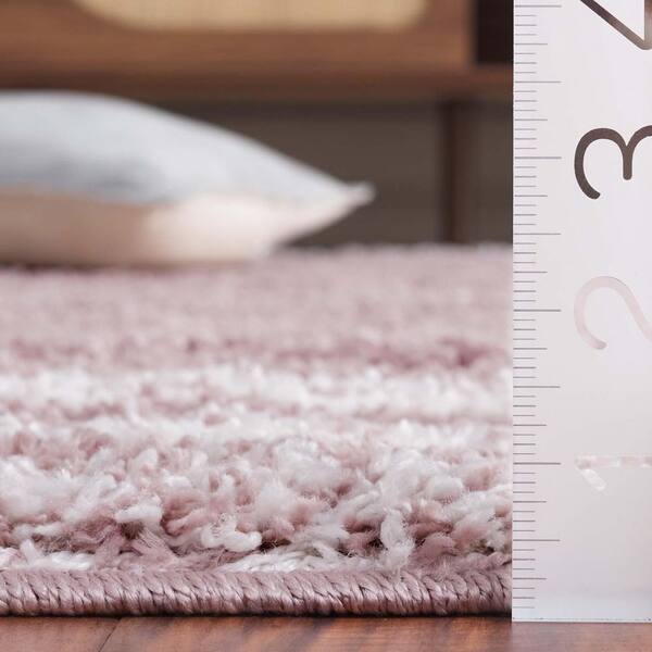 SAFAVIEH Border and Stripe Shag 7 ft. x 7 ft. Pink/Ivory