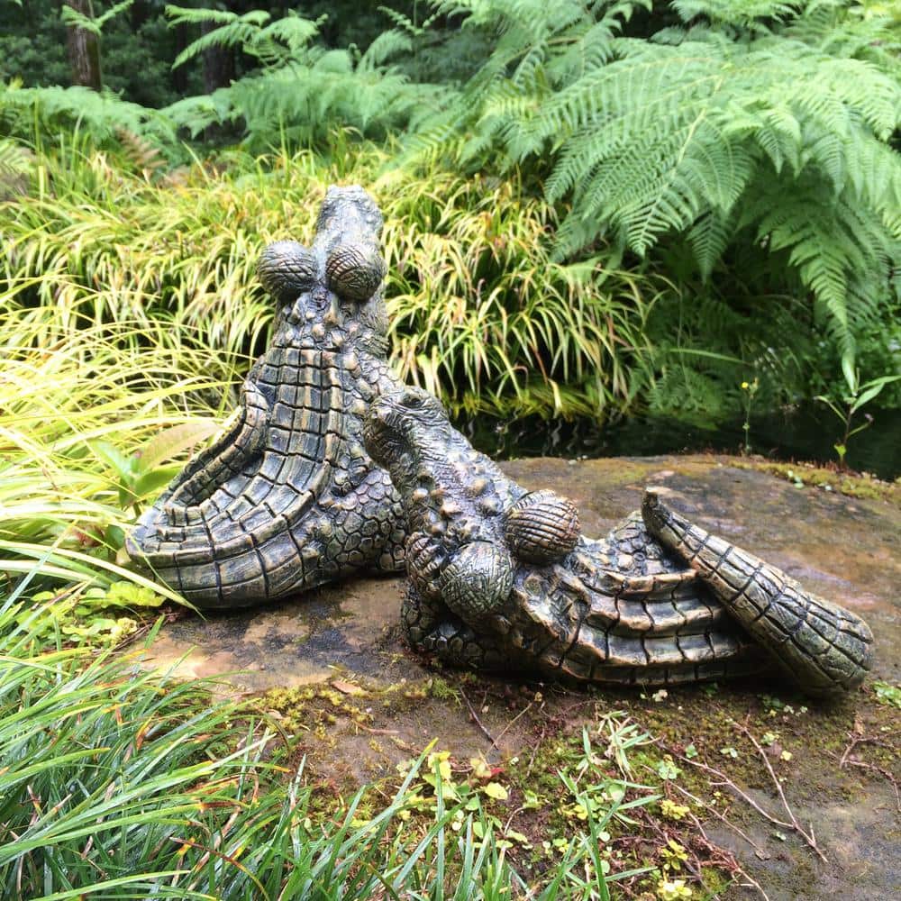 Whimsical Green and Beige Resin Alligator Garden Statue Set