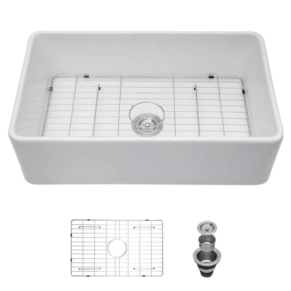 White Ceramic 33 in. Rectangular Single Bowl Farmhouse Apron Kitchen Sink w