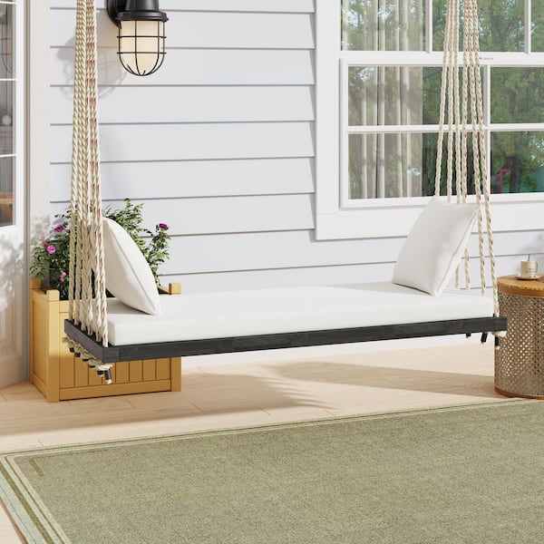 Black Acacia Wood Porch Swing Chair with Beige Cushion and 6 Hemp